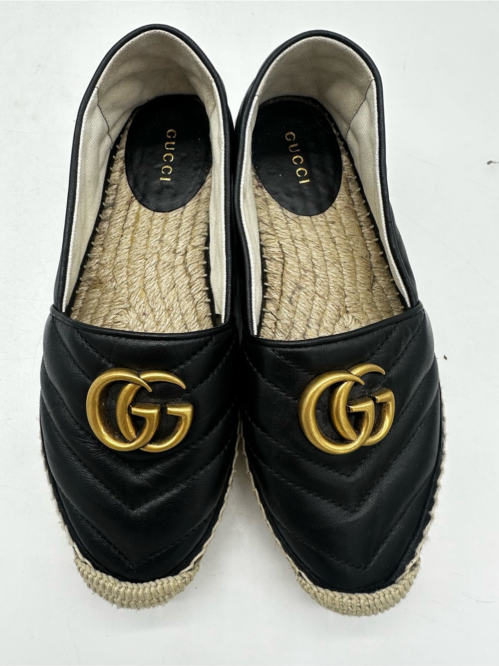Gucci Black Quilted Leather GG Espadrille Mules with Gold Logo